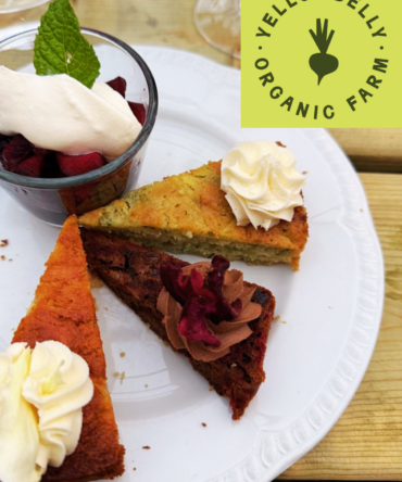 Plate of assorted cakes with whipped cream, mint leaf garnish, and rose petals on a white plate; Yellowbelly Organic Farm logo in the top-right corner.